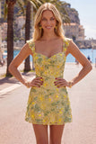 Yellow Floral Sequin Bodycon Short Homecoming Dress