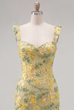 Yellow Floral Sequin Bodycon Short Homecoming Dress