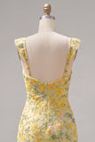 Yellow Floral Sequin Bodycon Short Homecoming Dress