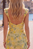 Yellow Floral Sequin Bodycon Short Homecoming Dress