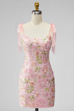 Pink Sequin Floral Embroidered Short Homecoming Dress