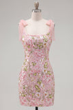 Pink Sequin Floral Embroidered Short Homecoming Dress