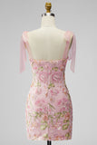 Pink Sequin Floral Embroidered Short Homecoming Dress