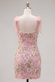 Pink Sequin Floral Embroidered Short Homecoming Dress