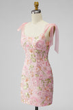 Pink Sequin Floral Embroidered Short Homecoming Dress