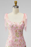 Pink Sequin Floral Embroidered Short Homecoming Dress