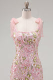 Pink Sequin Floral Embroidered Short Homecoming Dress