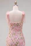 Pink Sequin Floral Embroidered Short Homecoming Dress