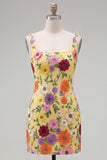 Yellow Square Neck Floral Embroidered Bodycon Homecoming Dress