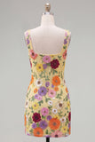 Yellow Square Neck Floral Embroidered Bodycon Homecoming Dress