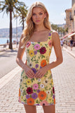 Yellow Square Neck Floral Embroidered Bodycon Homecoming Dress