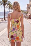 Yellow Square Neck Floral Embroidered Bodycon Homecoming Dress