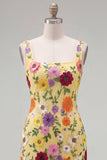 Yellow Square Neck Floral Embroidered Bodycon Homecoming Dress