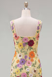 Yellow Square Neck Floral Embroidered Bodycon Homecoming Dress