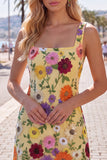 Yellow Square Neck Floral Embroidered Bodycon Homecoming Dress