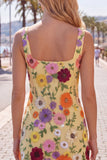 Yellow Square Neck Floral Embroidered Bodycon Homecoming Dress