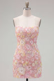 Strapless Floral Bodycon Pink Homecoming Dress with Beading