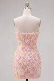 Strapless Floral Bodycon Pink Homecoming Dress with Beading