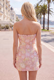 Strapless Floral Bodycon Pink Homecoming Dress with Beading