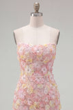 Strapless Floral Bodycon Pink Homecoming Dress with Beading
