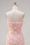 Strapless Floral Bodycon Pink Homecoming Dress with Beading