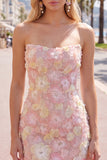 Strapless Floral Bodycon Pink Homecoming Dress with Beading