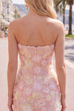 Strapless Floral Bodycon Pink Homecoming Dress with Beading