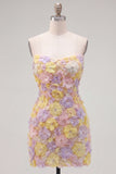 Strapless Floral Bodycon Pink Homecoming Dress with Beading