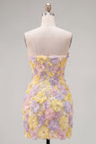 Strapless Floral Bodycon Pink Homecoming Dress with Beading