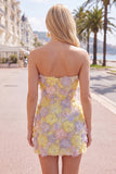 Strapless Floral Bodycon Pink Homecoming Dress with Beading