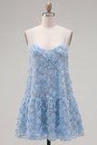 Blue A Line Spaghetti Straps 3D Floral Homecoming Dress with Beading