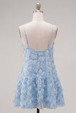 Blue A Line Spaghetti Straps 3D Floral Homecoming Dress with Beading