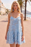 Blue A Line Spaghetti Straps 3D Floral Homecoming Dress with Beading