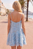 Blue A Line Spaghetti Straps 3D Floral Homecoming Dress with Beading