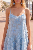 Blue A Line Spaghetti Straps 3D Floral Homecoming Dress with Beading