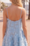 Blue A Line Spaghetti Straps 3D Floral Homecoming Dress with Beading
