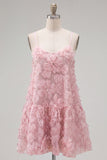 Blue A Line Spaghetti Straps 3D Floral Homecoming Dress with Beading
