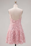 Blue A Line Spaghetti Straps 3D Floral Homecoming Dress with Beading