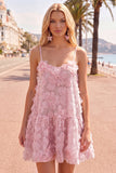Blue A Line Spaghetti Straps 3D Floral Homecoming Dress with Beading