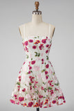 Pink Red Flower Embroidered A Line Short Homecoming Dress with Lace-up Back