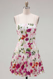 Pink Red Flower Embroidered A Line Short Homecoming Dress with Lace-up Back