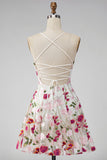 Pink Red Flower Embroidered A Line Short Homecoming Dress with Lace-up Back