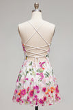 Pink Red Flower Embroidered A Line Short Homecoming Dress with Lace-up Back