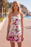 Pink Red Flower Embroidered A Line Short Homecoming Dress with Lace-up Back