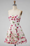 Pink Red Flower Embroidered A Line Short Homecoming Dress with Lace-up Back