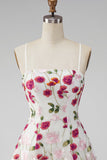 Pink Red Flower Embroidered A Line Short Homecoming Dress with Lace-up Back