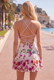 Pink Red Flower Embroidered A Line Short Homecoming Dress with Lace-up Back