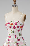 Pink Red Flower Embroidered A Line Short Homecoming Dress with Lace-up Back