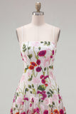 Pink Red Flower Embroidered A Line Short Homecoming Dress with Lace-up Back