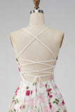 Pink Red Flower Embroidered A Line Short Homecoming Dress with Lace-up Back